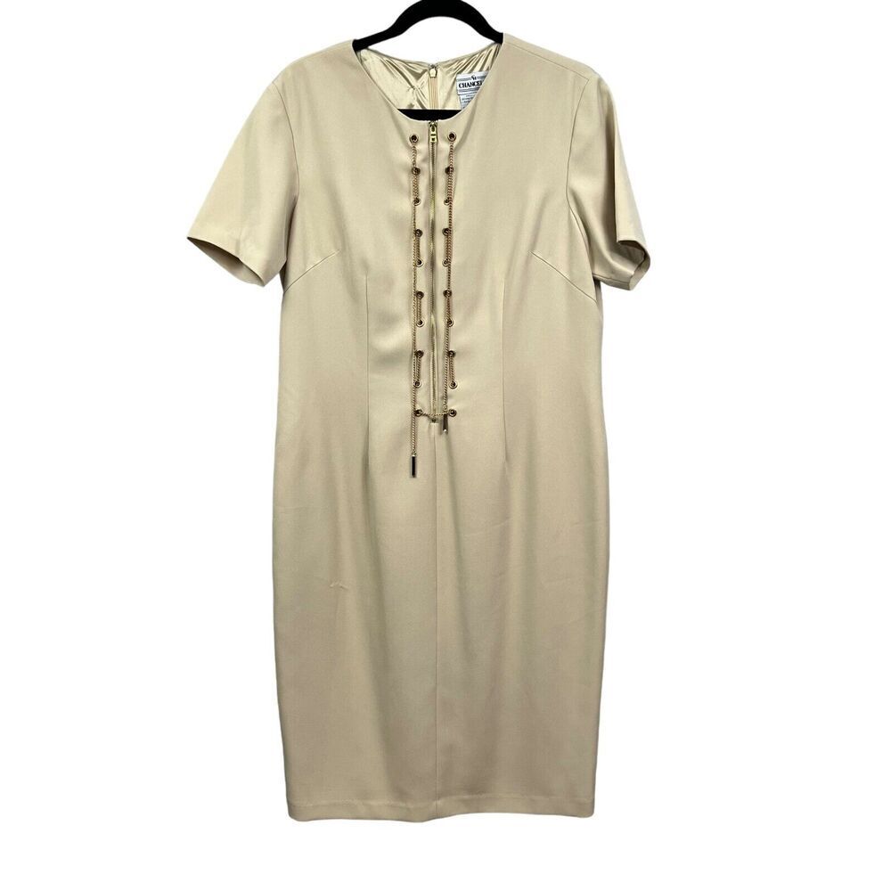 Chancelle Womens Sheath Dress Gold Chain Detail Lined Front Zip Beige Size 12*